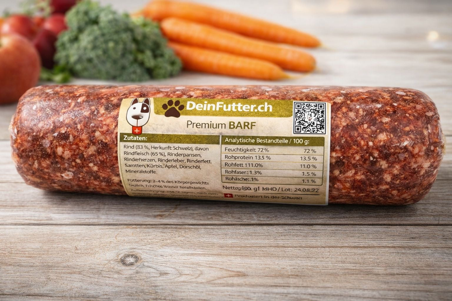 Rinder Barf 500g Wurst mit Karotten, Kürbis und Äpfel